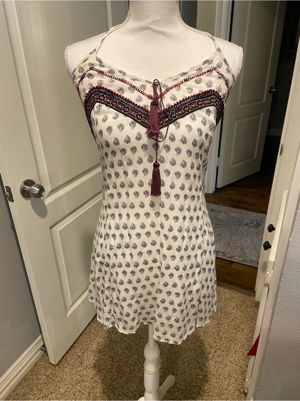 Band of Gypsies White Printed Tassel Cami with Burgundy Trim